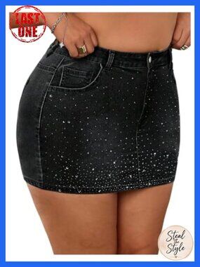 Plus Size Bodycon Denim Mini Skirt Rhinestone High Waisted Y2K